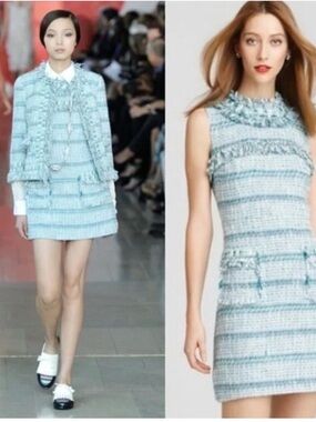 Tory Burch Green and White Tweed Fringe Jacket Dress Set